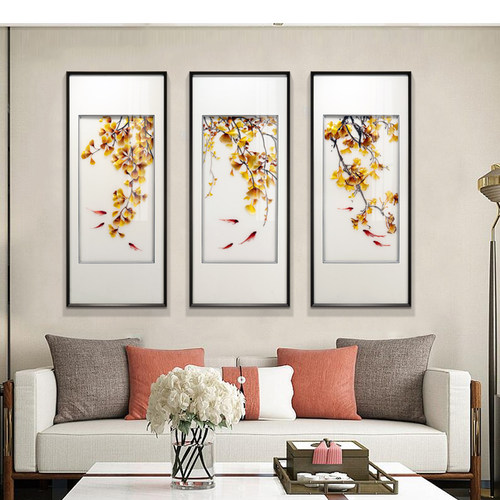 新中式客厅装饰画三联苏绣成品挂画沙发背景墙手工绣刺绣银杏九鱼 - 图1
