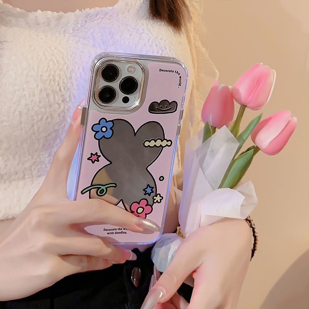 粉色花朵几何iPhone14适用15promax苹果手机壳11文艺13电镀镜面12-图1