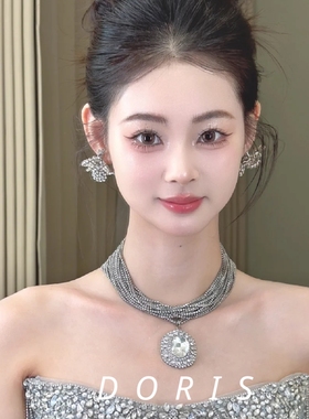 新娘多层水钻大宝石项链闪钻椭圆简约镶钻颈链项饰婚纱摄影配饰