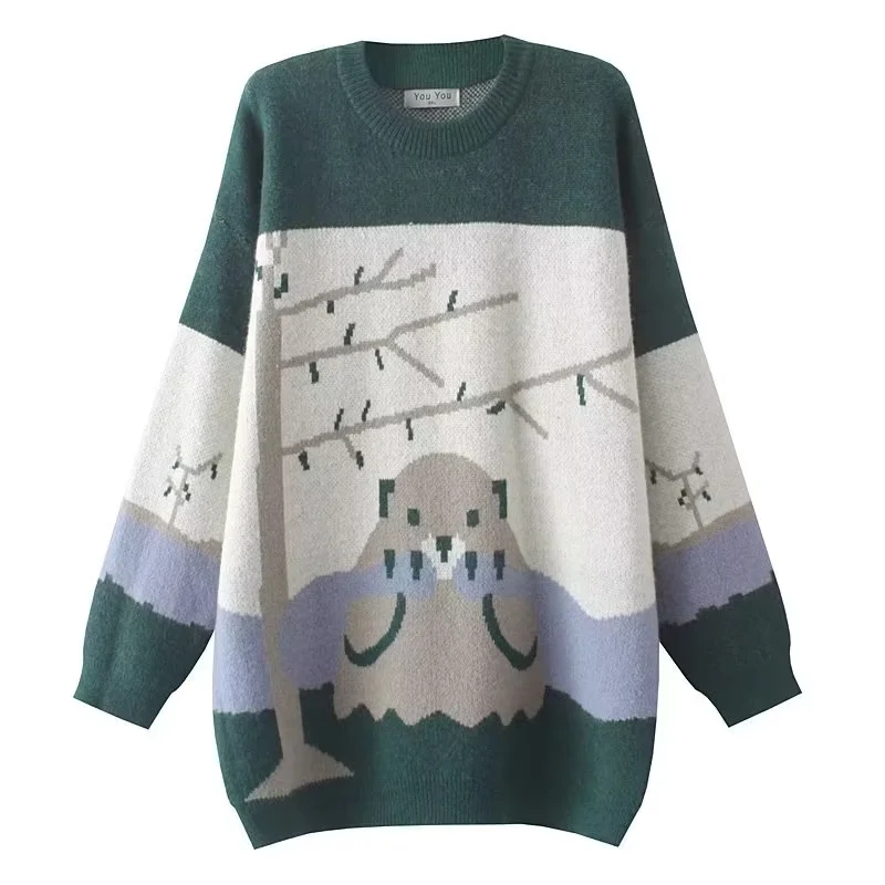 胡子叔大码女装胖mm宽松圆领长袖套头可爱卡通针织衫女休闲服毛衣 - 图3