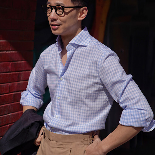 CM那不勒斯皇后淡蓝条纹/淡蓝格纹意式休闲男士长袖衬衫421/424 - 图0