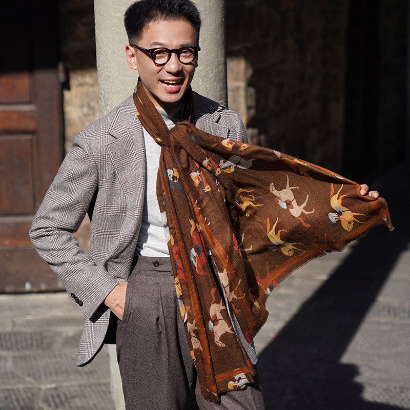 CM那不勒斯皇后经典轻薄美丽奴羊毛棕黄色赛马印花长披肩围巾,淘宝优惠券,粉丝福利购,淘宝优惠卷