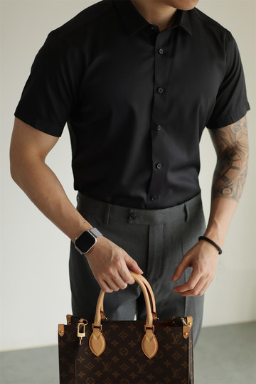 YUXIAN余闲丝绸短袖衬衫抗皱免烫易打理休闲商务纯色男士春夏季