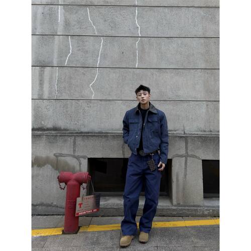 美式复古做旧法工蓝cargo工装裤男宽松直筒阔腿多口袋休闲裤子潮 - 图1