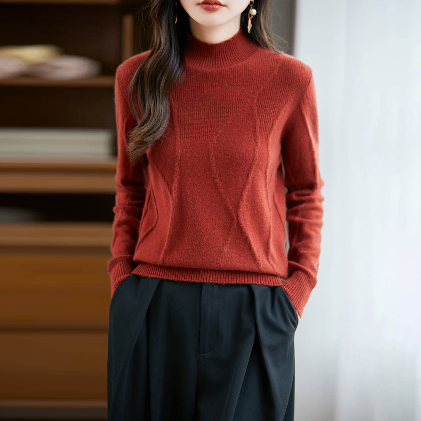 女士100纯羊毛衫半高领扭花套头宽松显瘦高级感针织打底毛衣通勤,淘宝优惠券,粉丝福利购,淘宝优惠卷