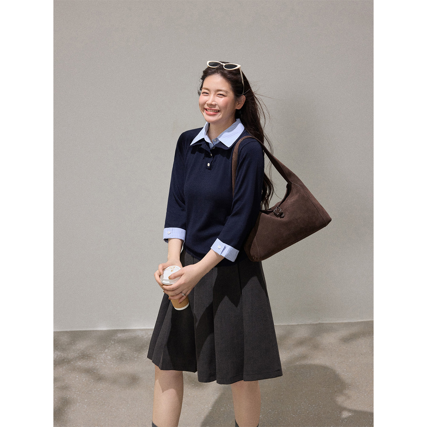 潘不卷大码女装微胖mm韩系假两件polo领长袖针织衫秋季百褶裙套装,淘宝优惠券,粉丝福利购,淘宝优惠卷