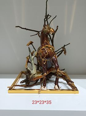 天然枯木根雕摆件家居饰品客厅玄关酒店餐饮样板陶瓷马工艺品摆件