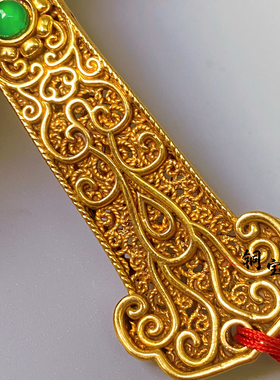 古玩纯铜鎏金纯手工镂空花丝金如意镶嵌宝石吉祥如意手把礼物摆件