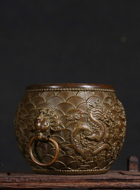 古玩纯铜二龙戏珠狮耳铜缸聚宝盆家居办公室玄关装饰招财聚财摆件