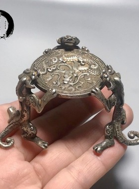 古玩老银器螭龙抬花碟茶玩盖置茶托中式古典小铜器装饰品书房摆件