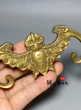 仿古纯铜五福临门镇尺压纸中国风毛笔架蝙蝠笔搁笔架文房用品摆件