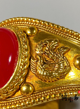 纯黄铜镀金龙凤手镯尼泊尔手工镶嵌宝石加宽开口手环宫廷复古摆件