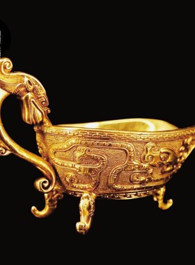 纯铜镀金螭龙三足爵杯复古大唐贞观金器金铜爵酒具温酒器收藏摆件