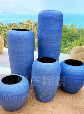 户外餐厅黑灰色复古干枝陶缸粗陶瓷插花器陶罐摆件哑光落地大花瓶