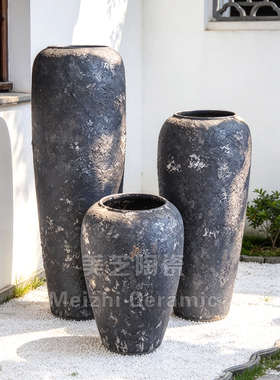 酒店陶瓷花盆做旧花器复古装饰陶缸摆件粗陶大花瓶侘寂风仿古陶罐