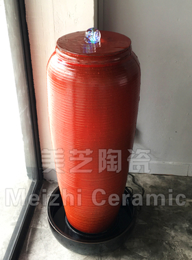 新中式陶瓷流水摆件玄关装饰品红色流水罐简约水景喷泉花瓶加湿器