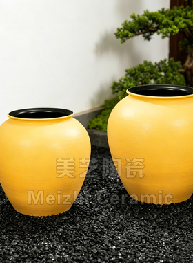 别墅客厅黄色陶瓷花瓶大口径陶罐插花摆件大肚子花器景德镇大花盆