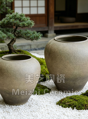 民宿古朴做旧花器圆形花盆陶瓷落地大花瓶大号陶罐复古陶盆种树盆