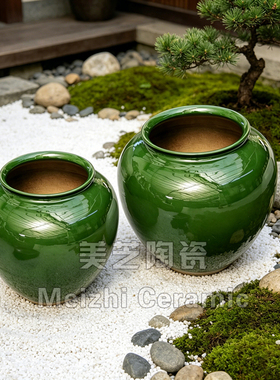绿色高圆釉面陶盆绿植花盆落地大花瓶摆件客厅插花高级感陶罐大缸