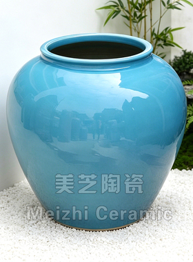 餐厅浅蓝色花瓶落地大陶罐插花装水培坛子绿植花盆釉面陶缸大花器