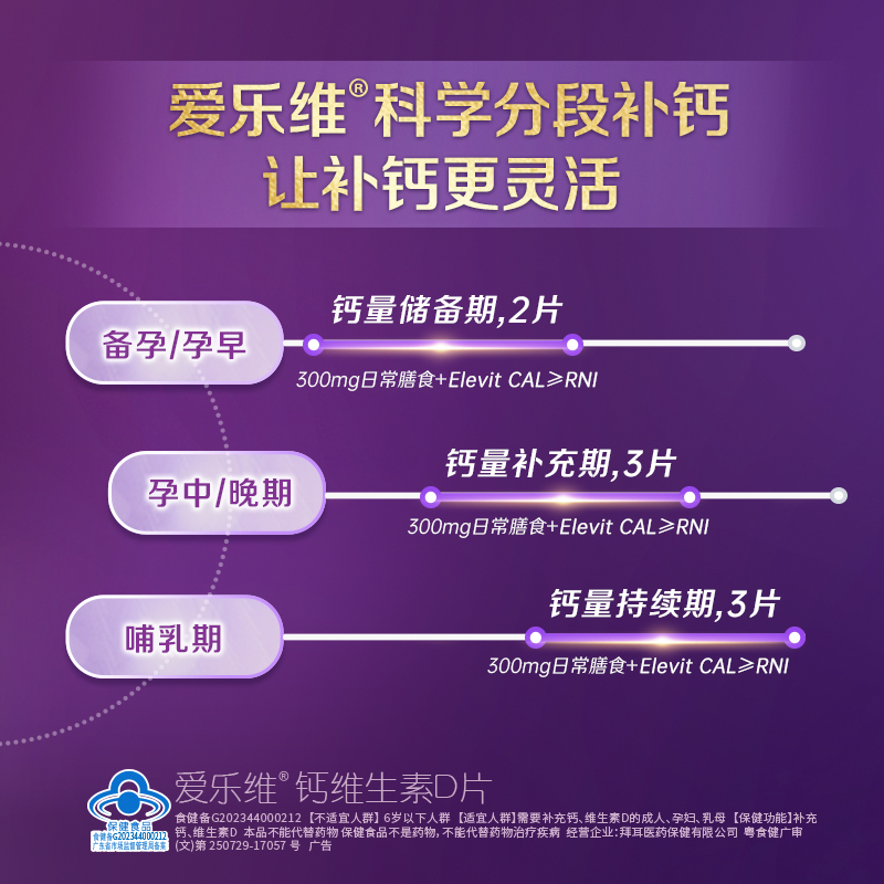 elevit/爱乐维孕妇钙片维生素d柠檬酸钙孕期哺乳期女性补钙100片