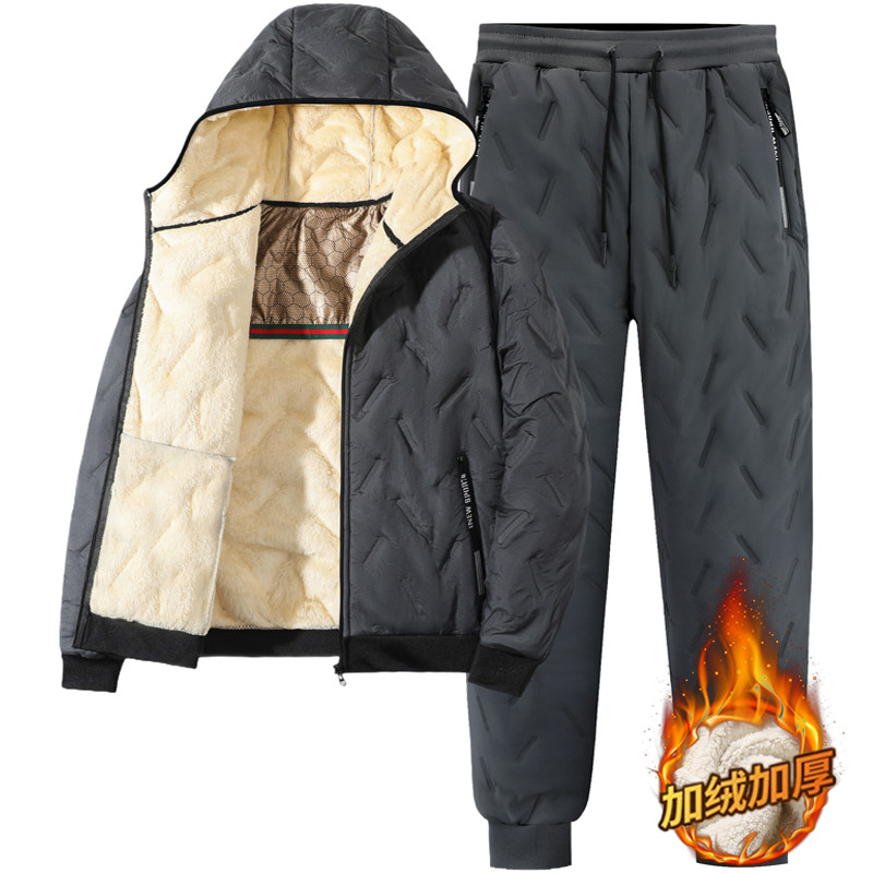 冬季休闲长裤套装男士羊羔绒外套胖子棉衣加绒加厚大码保暖衣棉裤,淘宝优惠券,粉丝福利购,淘宝优惠卷