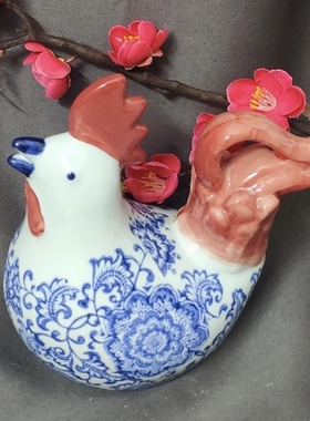 奈奈陶瓷鸡摆件工艺品手工青花瓷仿古开片客厅样板间对鸡亲子装饰