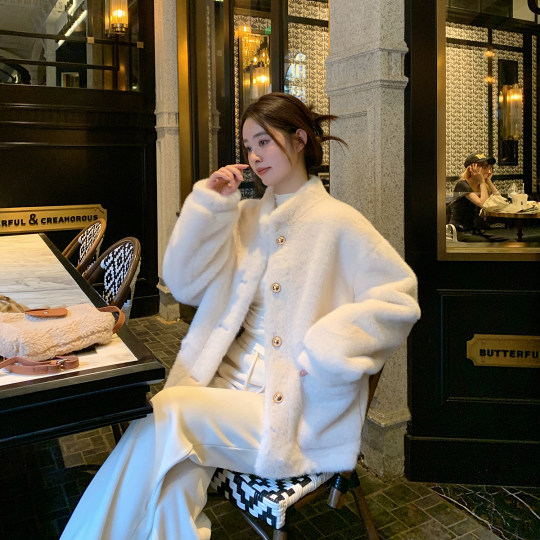 Korean style loose mink plush short stand collar jacket for women