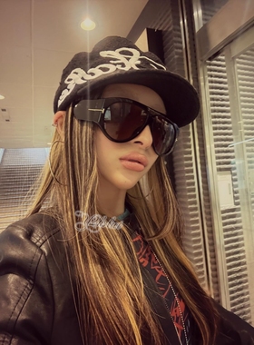 欧美y2k复古超大框飞行员式黑茶蛤蟆镜女方圆脸显脸小太阳眼镜
