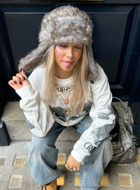 Y2kslut欧美ins个性小众时髦辣妹豹纹毛绒帽子雷锋帽显脸小女