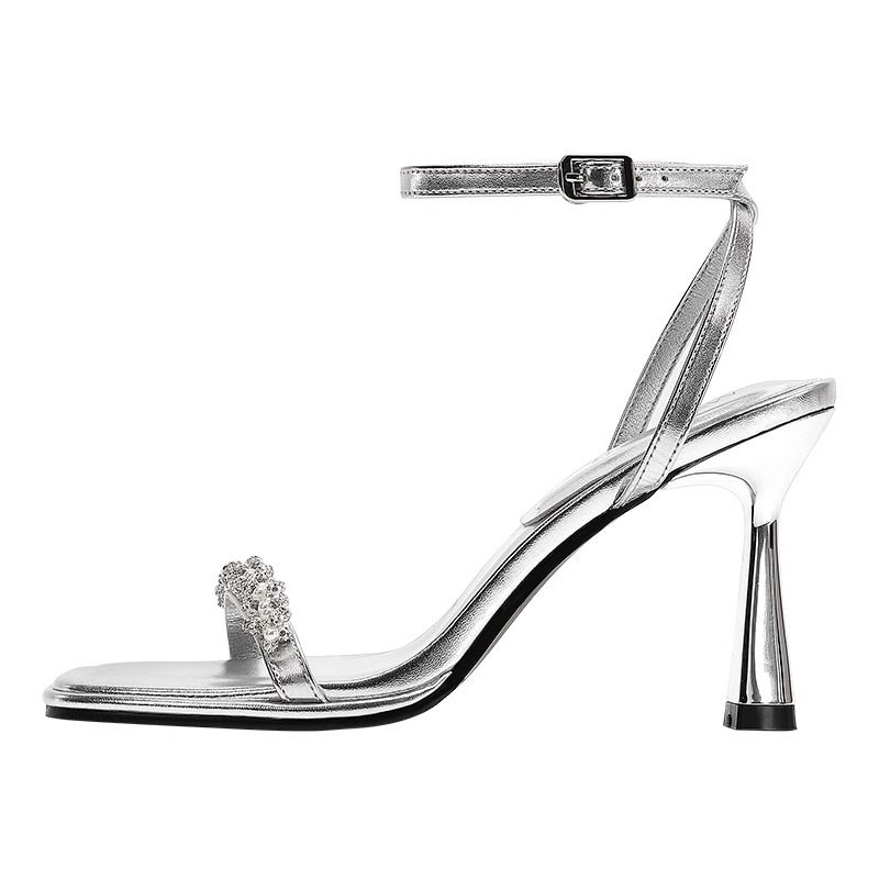银色高跟鞋女2025年新款细跟珍珠水钻一字带绝美凉鞋女夏季不累脚,淘宝优惠券,粉丝福利购,淘宝优惠卷