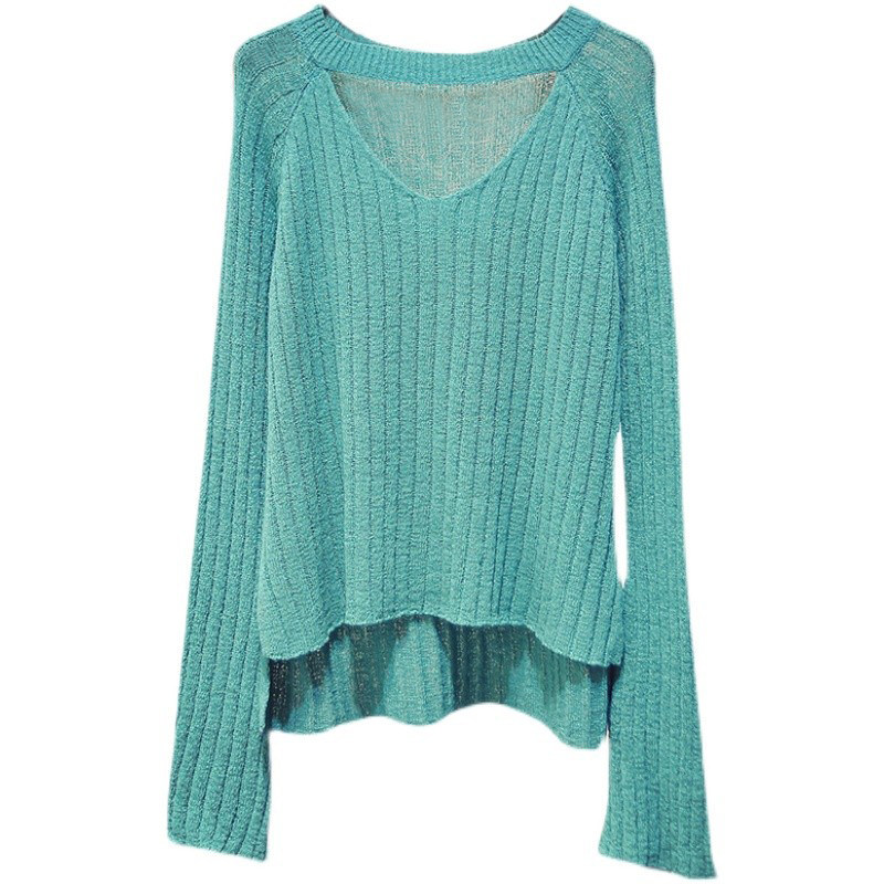 春秋季新款ins前短后长挂脖V领针织衫女喇叭袖上衣慵懒宽松毛衣薄,淘宝优惠券,粉丝福利购,淘宝优惠卷