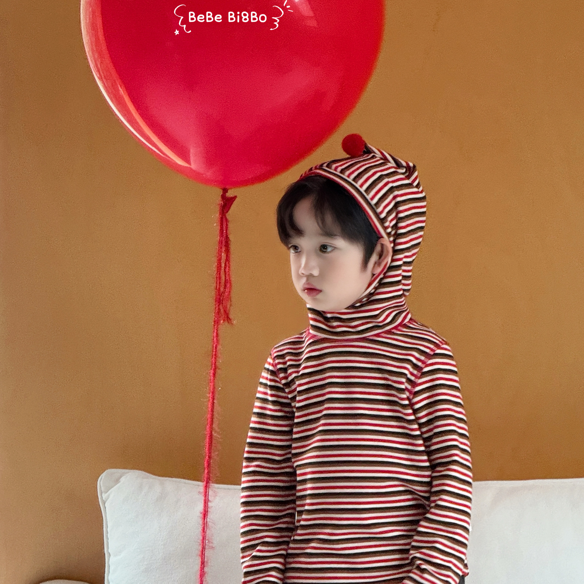 BI8BO儿童打底衫2025秋冬女孩男童韩版修身条纹连帽31675秋衣上衣 - 图1