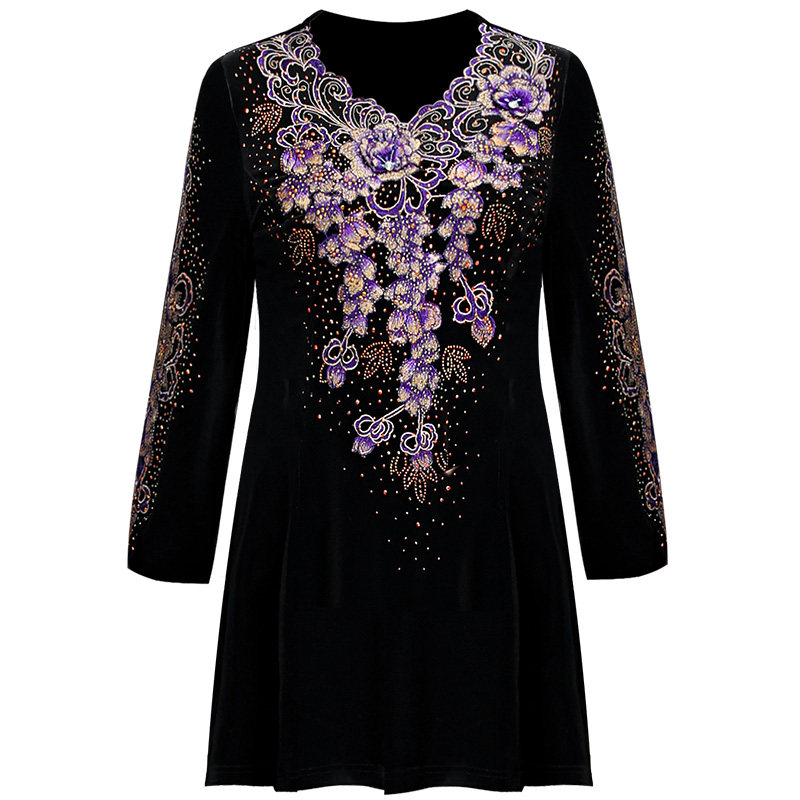 春秋高贵金丝绒紫绣花宽松洋气t恤 一品奴服饰中老年女装