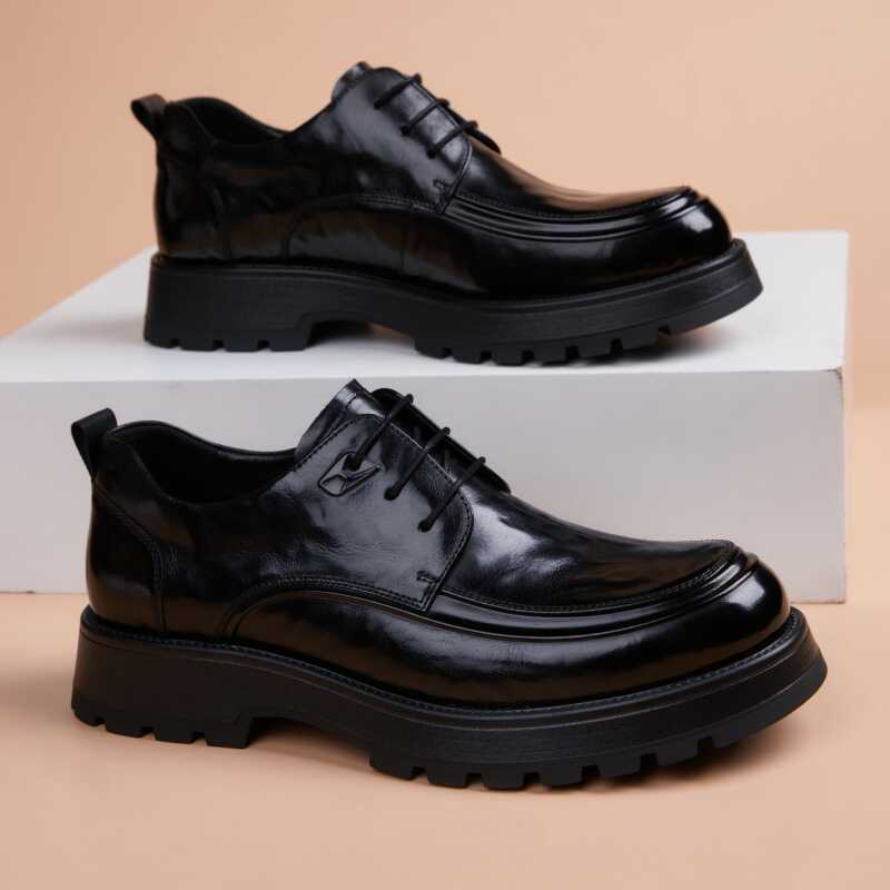 头层牛皮鞋商务正装男士圆头英伦风百搭系带加绒韩版手工德比男鞋 - 图3