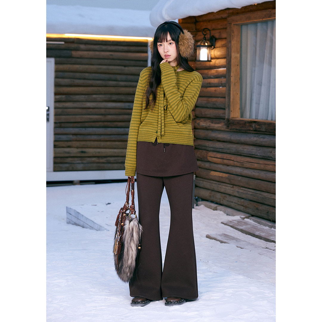 BLUEerror 高腰假两件微喇灰色加绒针织卫裤女加厚运动裤冬季裤子,淘宝优惠券,粉丝福利购,淘宝优惠卷