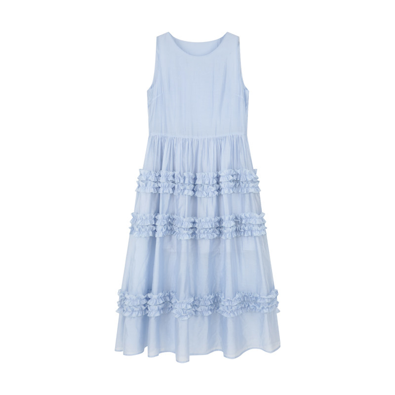 BLUEerror 多层花边纱感蓝色圆领背心连衣裙女长款无袖花苞长裙夏,淘宝优惠券,粉丝福利购,淘宝优惠卷