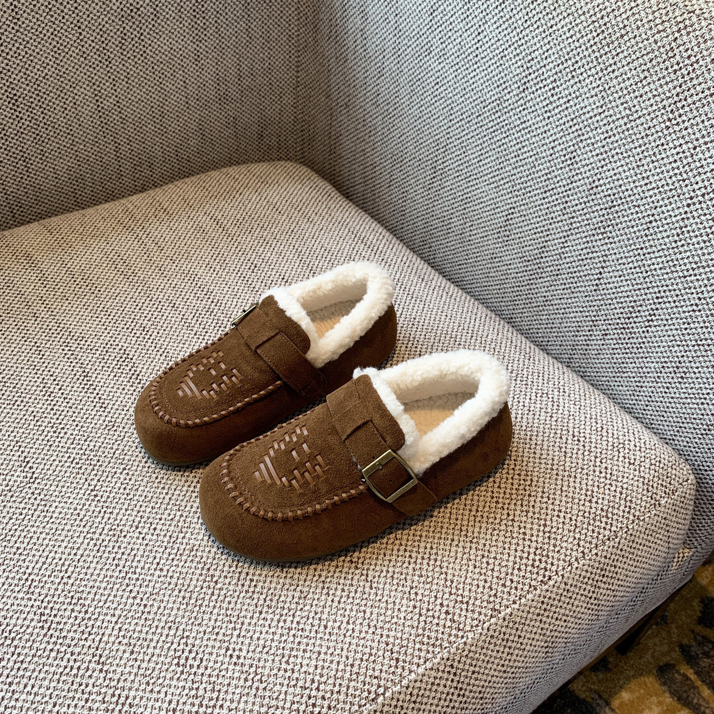 【TFM】加绒勃肯鞋女内增高平底乐福鞋一脚蹬保暖百搭软底豆豆鞋,淘宝优惠券,粉丝福利购,淘宝优惠卷