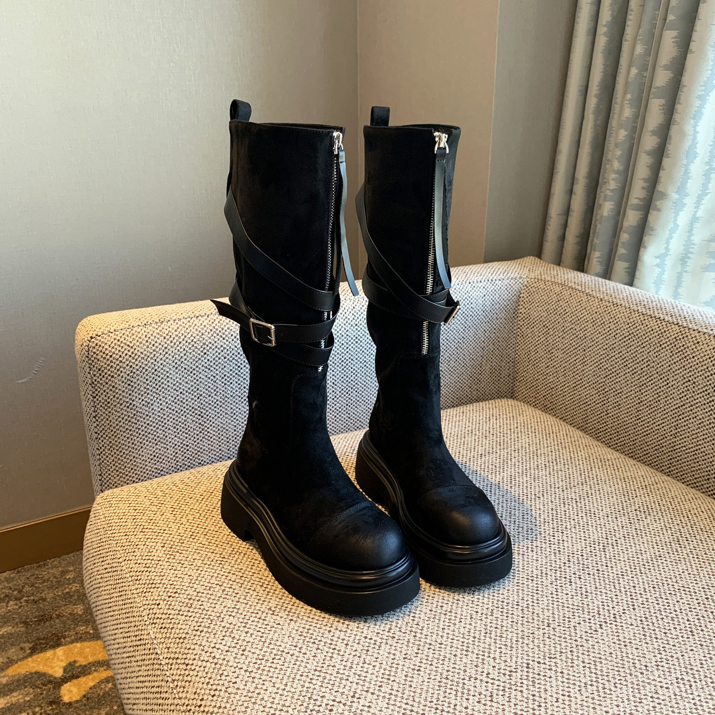 【TFM】欧美时尚皮带扣复古前拉链厚底高筒靴子女加绒长靴骑士靴,淘宝优惠券,粉丝福利购,淘宝优惠卷