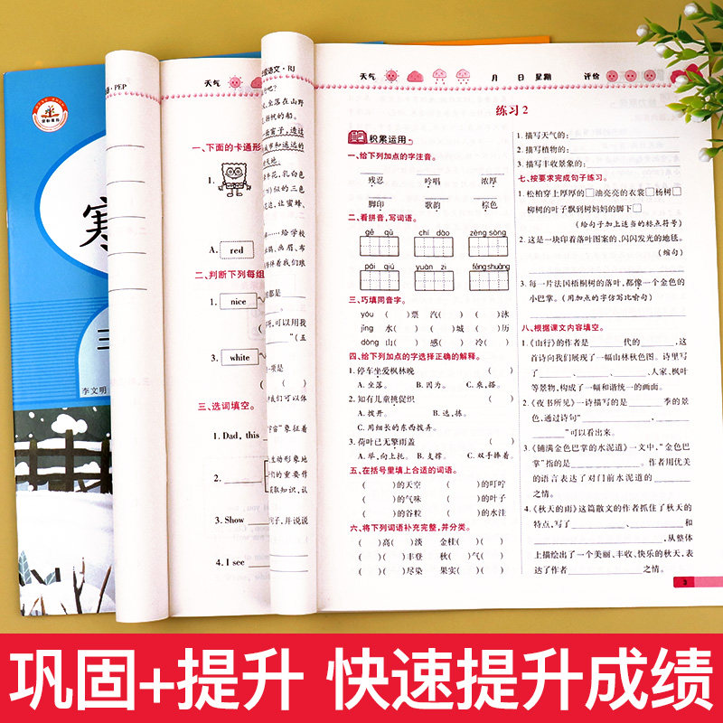 寒假作业三年级上册假期快乐练小学3上衔接教材同步训练全套黄冈语文数学英语同步练习与测试专项思维拓展练习题人教版语数英昨业