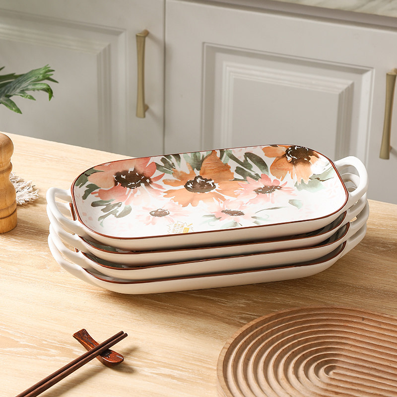 芊姿双耳鱼盘菜盘家用烤肉串炸薯条烤盘长方形蒸鱼盘子千顺陶瓷盘,淘宝优惠券,粉丝福利购,淘宝优惠卷