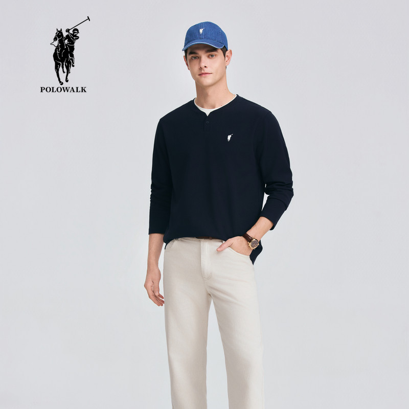 POLOWALK男式长袖T恤2026春季新品撞色双层亨利领长袖套头上衣,淘宝优惠券,粉丝福利购,淘宝优惠卷