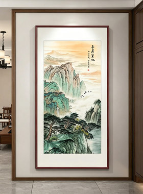 新中式玄关装饰画竖版入户正对门走廊过道高级挂画海纳百川山水画