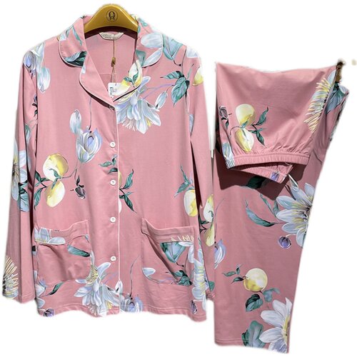 绮瑞女士春秋新款纯棉方领加肥开衫大码印花家居服中年妈妈款套装 - 图3