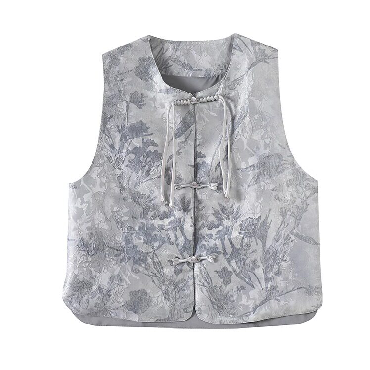 New Chinese style national style high-end buckle embossed jacquard silk satin vest for outer wear, slimming and flesh-covering women's vest top