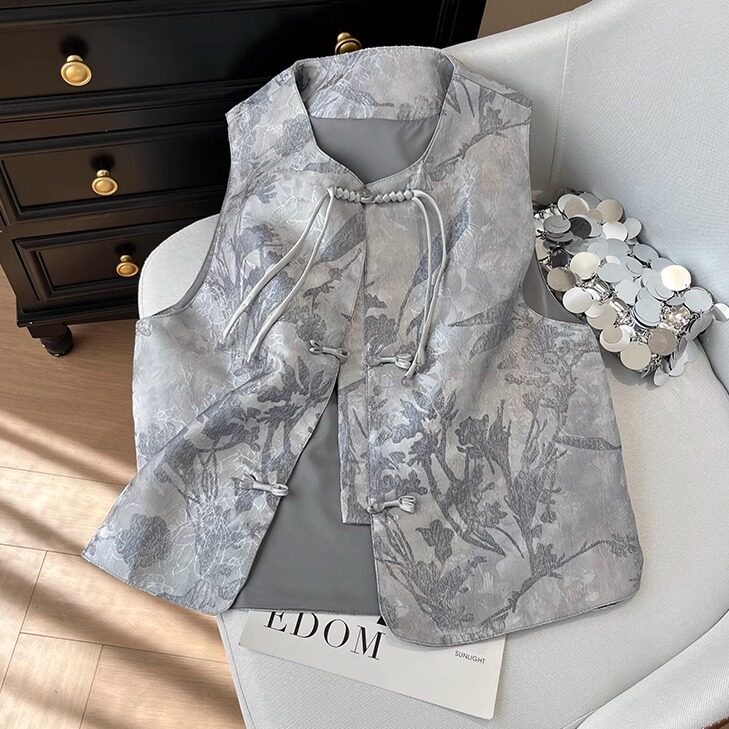 New Chinese style national style high-end buckle embossed jacquard silk satin vest for outer wear, slimming and flesh-covering women's vest top
