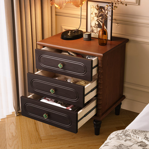 复古床头柜高款白蜡木中古风卧室床头边柜双拼色设计感三抽床边柜 - 图1