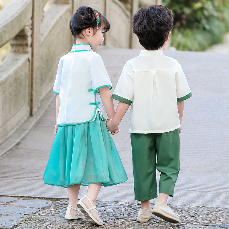 儿童改良版短袖汉服夏季男女童中国风国学唐装套装幼儿园表演出服