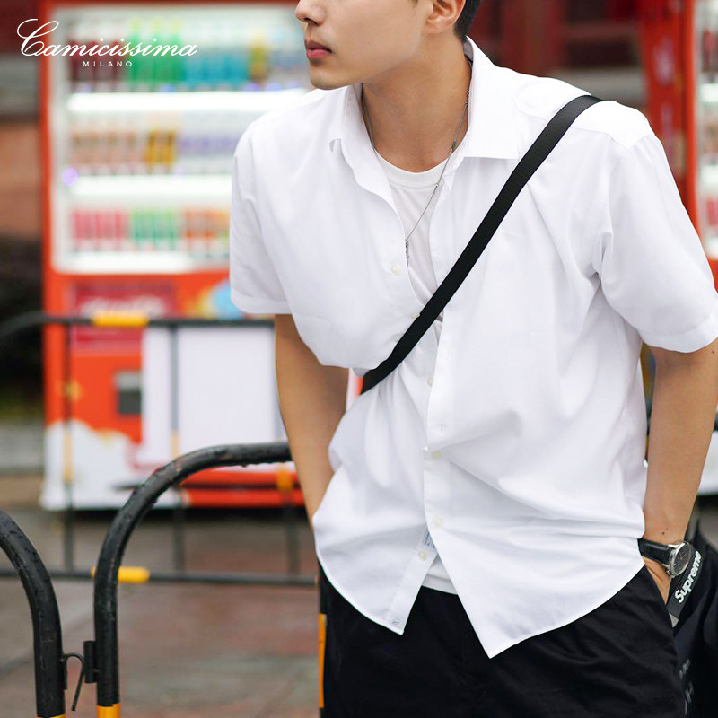 恺米切免烫修身休闲短袖白男感衬衫 camicissima衬衫