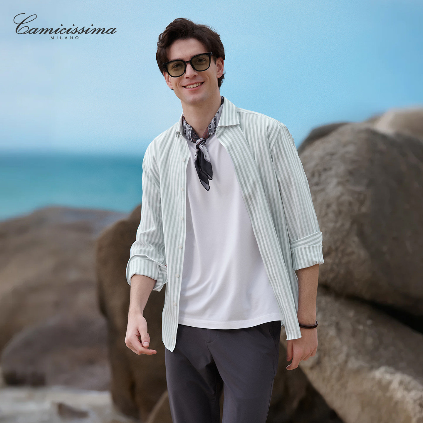 恺米切春季新款2026商务休闲男亚麻风衬衣免烫抗异味条纹长袖衬衫